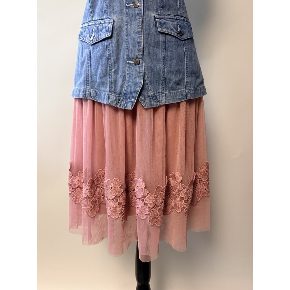 Dusty Rose Sheer Skirt Womens 1X Lace Hem Boho Romantic Knee Length Coqette Pink